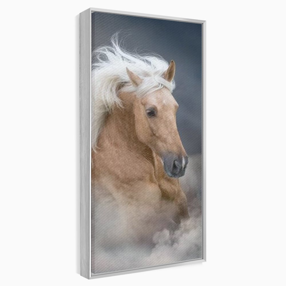 Tablou canvas cu tablou cu armasar in galop si coama alba, in rama de aluminiu argintiu